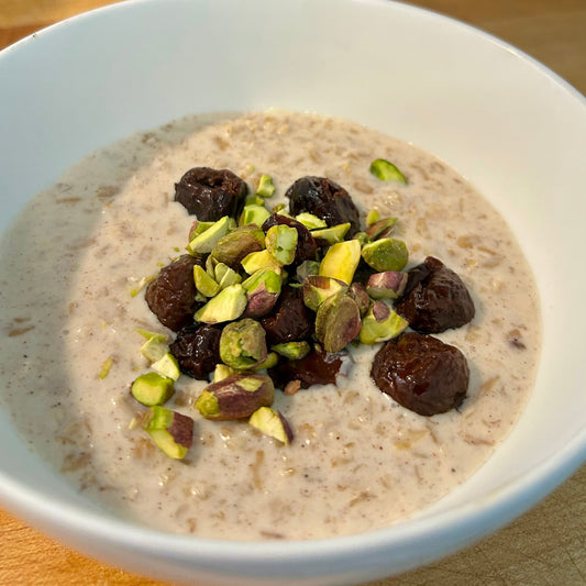 Browned Butter Oatmeal with Pistachios & Coffee Soaked Cherries
