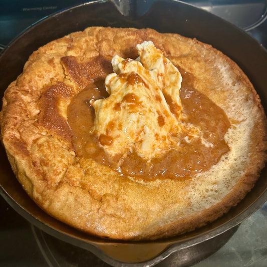 Rye Dutch Baby with Burnt Caramel Banana Sauce